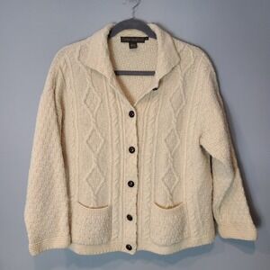 Inis Crafts Aran Fisherman Cardigan Sz L Cream Wool Sweater Ireland Cottage